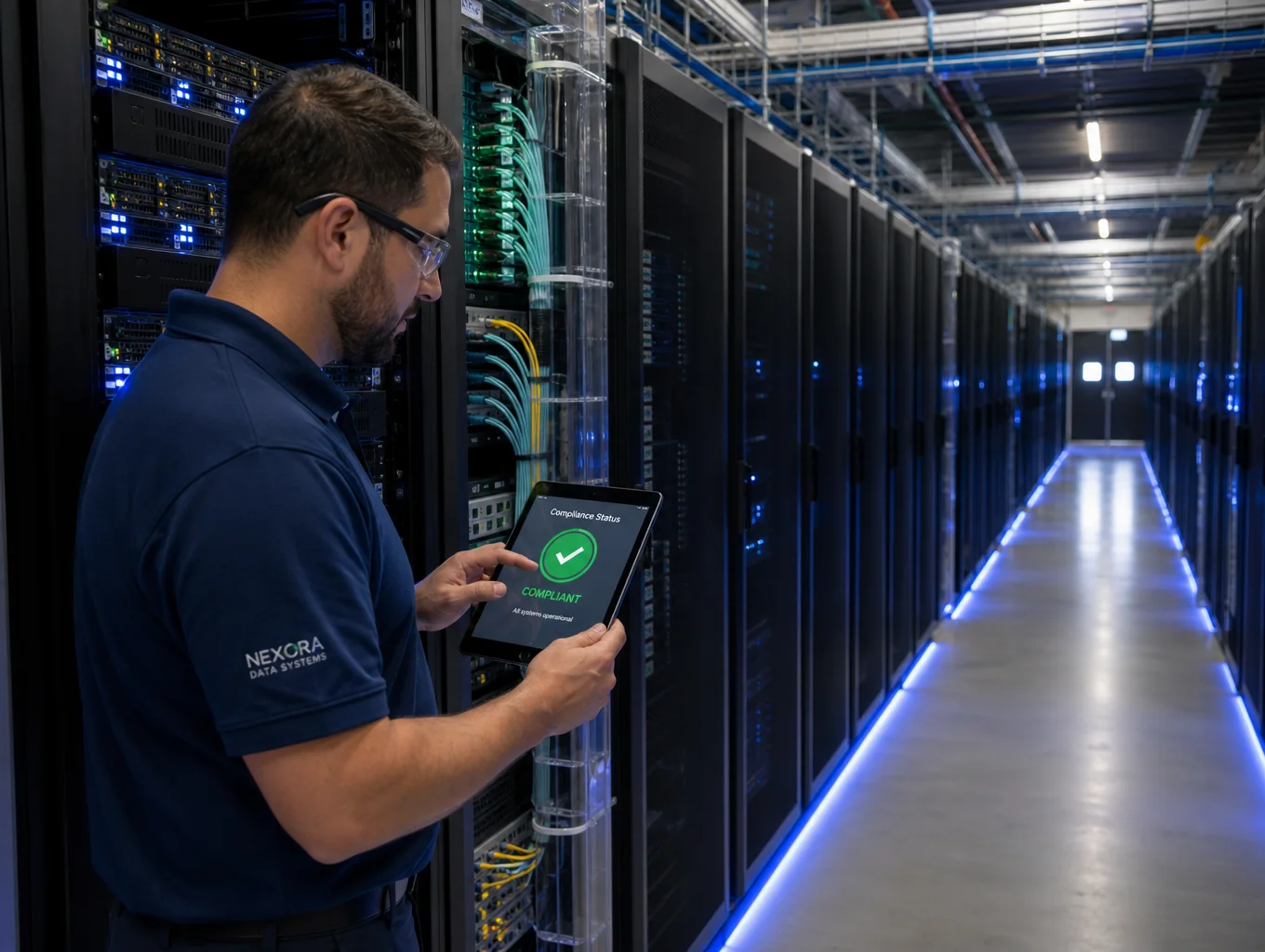 Data center server racks, UPS systems and power infrastructure undergoing inspection